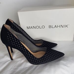Manolo Blahnik Size 41 Black Suede Polka Dot Laser Cut Women's Heels